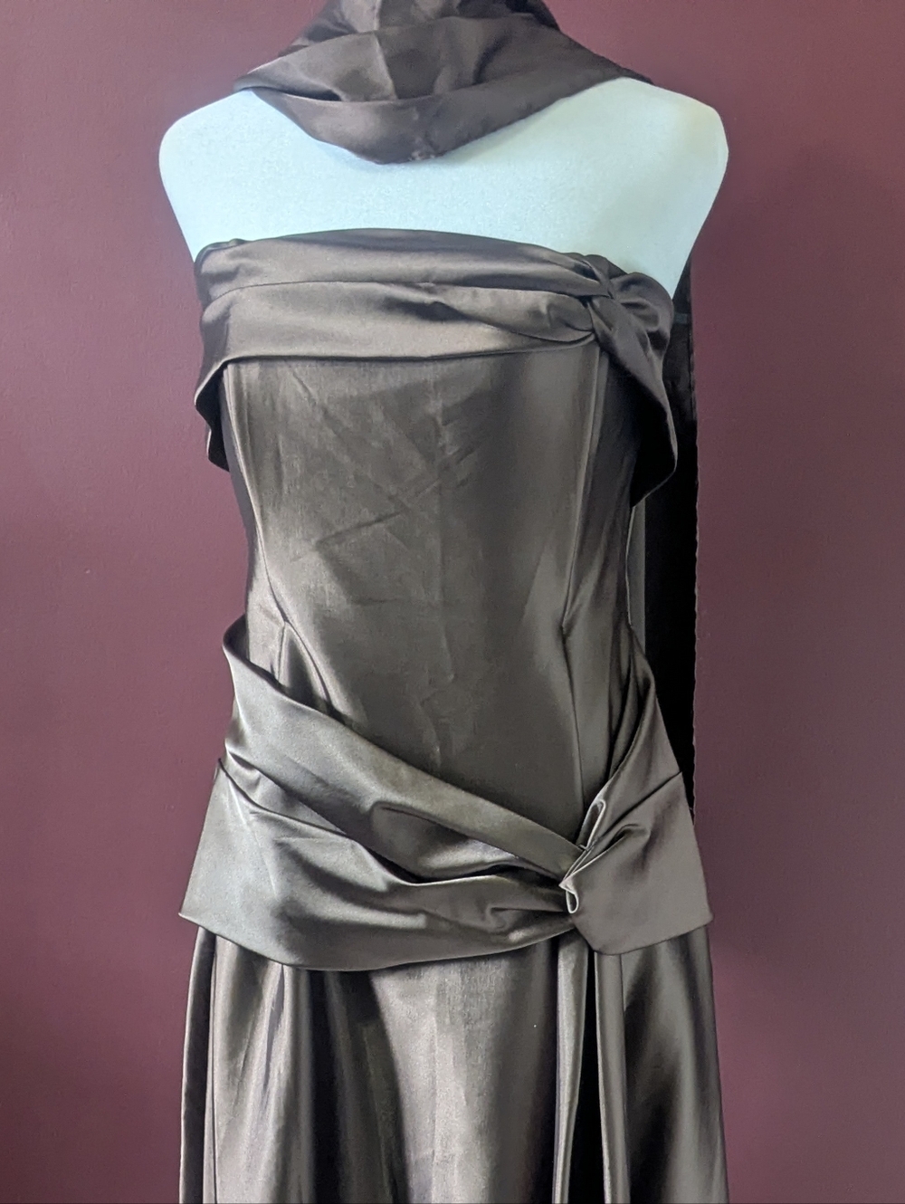 Vintage Juno Strapless Satin Gown Warm Brown Formal Dress with Shawl - Picture 8 of 12